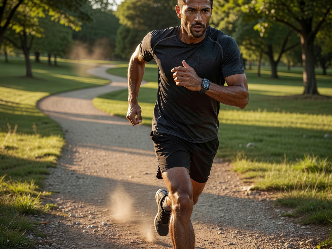 Person running with a fitness tracker on their wrist