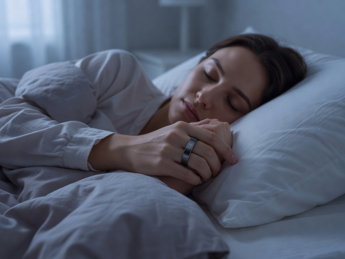 Person sleeping soundly wearing a modern smart ring