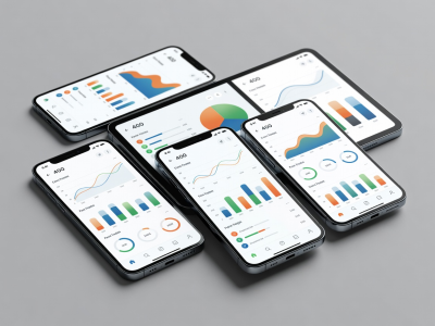Several mobile devices layered showing different UI dashboards