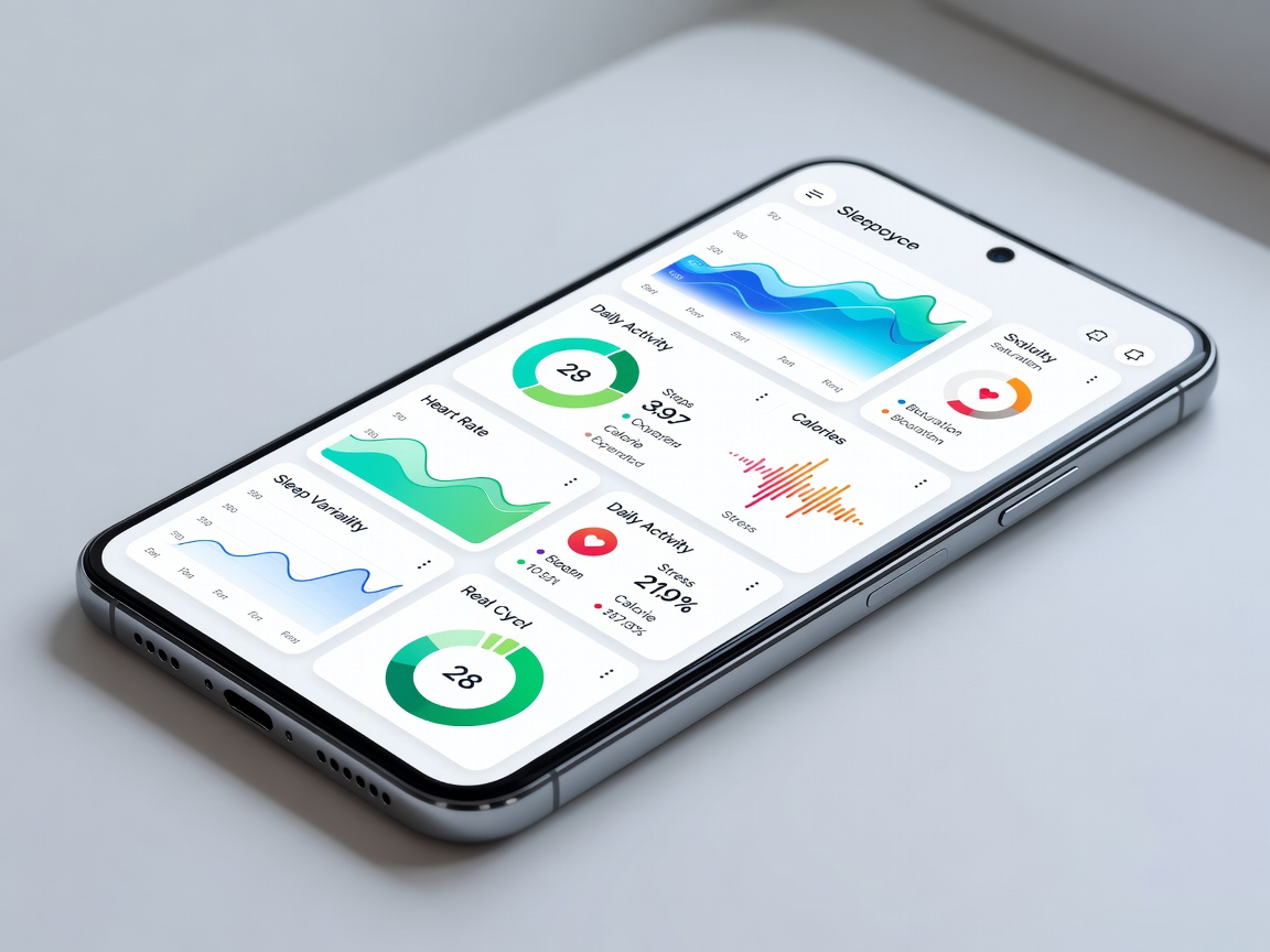 Smartphone displaying various health application dashboards